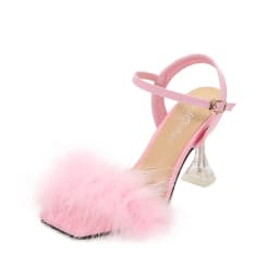 2024 New Women Square Toe Sandals Sexy Furry Fur Summer High-Heeled Sandals Ladies Wedding Stripper Shoes Pink White Black Red