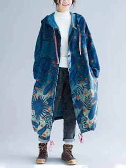 Amax LuluE European 2024 Fall Design Ladies Denim Printed Trench Women Hooded Long Clothes Female Casual Oversized Windbreakers