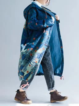 Amax LuluE European 2024 Fall Design Ladies Denim Printed Trench Women Hooded Long Clothes Female Casual Oversized Windbreakers
