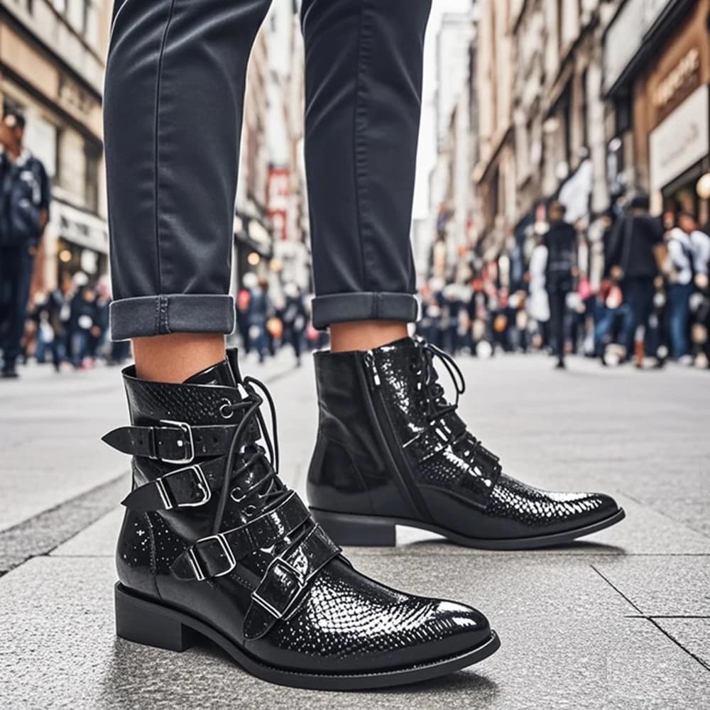 Men's Genuine Cow‑Leather Pointed Dress Boots Buckle‑Strap Decor Personalized Footwear For Summer Model Show Banquet Wedding Par