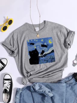 Vincent Van Gogh Starry Night Cute Cat In Painting Print Women's t-Shirt Hip Hop Soft Tops Loose Tshirt Summer Women's Tshirts