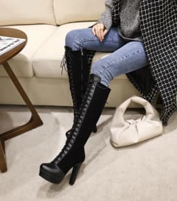 Round Head Cross Straps Waterproof Platform Knee Boots Women's Ultra-High Thick Heel All-Match Fashion Boots