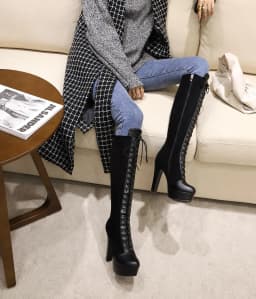 Round Head Cross Straps Waterproof Platform Knee Boots Women's Ultra-High Thick Heel All-Match Fashion Boots