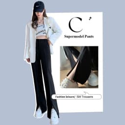 Women Black Front Slit Pants Chic Fashion Office Lady Long Straight Trousers Elastic High Waist Pencil Loose Trousers Jumpsuits