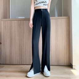 Women Black Front Slit Pants Chic Fashion Office Lady Long Straight Trousers Elastic High Waist Pencil Loose Trousers Jumpsuits