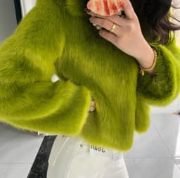 Winter Turn down Collar Lapel Hairy Shaggy Soft Faux Fur Coat Green Women Long Sleeve Furry Fur Warm Jacket Short Outerwear