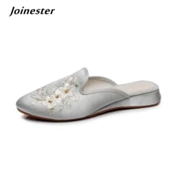 Ethnic Embroidered Satin Slippers for Women Vintage Dress Slides Female Backless Sandals, Spring and Summer Shoes