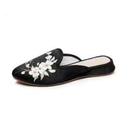 Ethnic Embroidered Satin Slippers for Women Vintage Dress Slides Female Backless Sandals, Spring and Summer Shoes