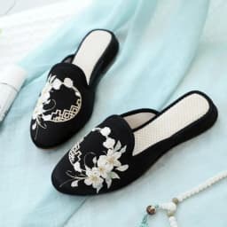 Ethnic Embroidered Satin Slippers for Women Vintage Dress Slides Female Backless Sandals, Spring and Summer Shoes
