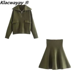 Knitted Skirt Suits For Women Two Piece Set Women Skirt Zipper Solid Color Tops High-Waisted Mini Skirt 2021 Women Knitted Suit