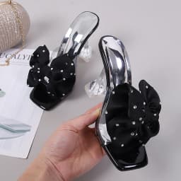 2026 New Fashion Crystal Bow High Heels Slippers Shoes Woman Sexy PVC Transparent Sandals Women Slides Open Toe Pumps Blue Black