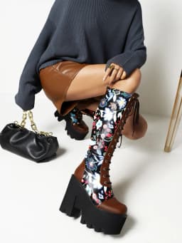 Square Head Flower Texture Cross Strap Punk Style Women's Thick-Soled Knee-Length Boots Super High Platform Heel Platform Boots
