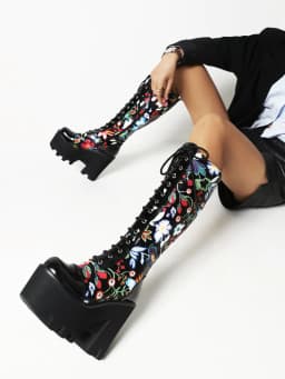 Square Head Flower Texture Cross Strap Punk Style Women's Thick-Soled Knee-Length Boots Super High Platform Heel Platform Boots