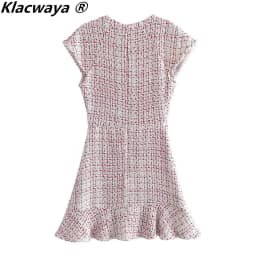 Klacwaya Women's Dress Tweed Textured Dresses Female Clothing Elegant For Women Vintage Ruffle Autumn Ladies Mini Dresses