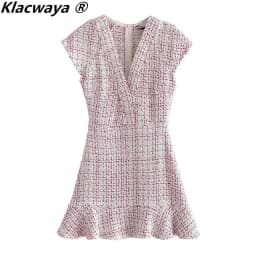 Klacwaya Women's Dress Tweed Textured Dresses Female Clothing Elegant For Women Vintage Ruffle Autumn Ladies Mini Dresses