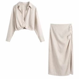 2021 Summer Women gray TurnDown Collar Long sleeve slim short shirt Female Side Slit Folds skirt Ladies casual Two pieces set