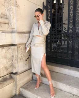 2021 Summer Women gray TurnDown Collar Long sleeve slim short shirt Female Side Slit Folds skirt Ladies casual Two pieces set