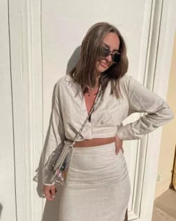2021 Summer Women gray TurnDown Collar Long sleeve slim short shirt Female Side Slit Folds skirt Ladies casual Two pieces set