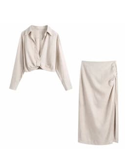 2021 Summer Women gray TurnDown Collar Long sleeve slim short shirt Female Side Slit Folds skirt Ladies casual Two pieces set