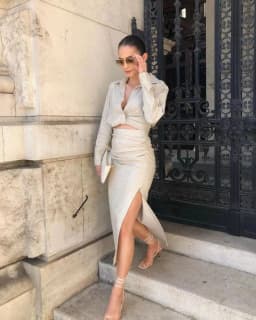 2021 Summer Women gray TurnDown Collar Long sleeve slim short shirt Female Side Slit Folds skirt Ladies casual Two pieces set