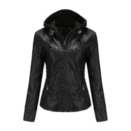 Autumn Winter Women Leather Jacket Hooded Removable PU Leather Jackets Motorcycle Long Sleeve Zipper Coat Black Outerwear S-4XL