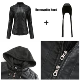 Autumn Winter Women Leather Jacket Hooded Removable PU Leather Jackets Motorcycle Long Sleeve Zipper Coat Black Outerwear S-4XL