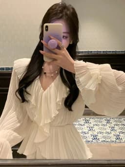 Pleated Ruffle Dress Women's Clothing Long Sleeves White Long Dress Spring and Autumn Korean Retro Fashion Grace