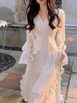 Pleated Ruffle Dress Women's Clothing Long Sleeves White Long Dress Spring and Autumn Korean Retro Fashion Grace