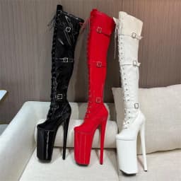 SDTRFT Female Over The Knee Buckle Red Boots 26cm Thin Heels Stilettos Platform Botas Mujer Ladies Shoes Woman PUNK Girl's Pumps