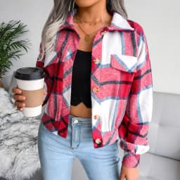 Autumn Winter Women Plaid Woolen Jacket Turn-down Collar Short Top Lantern Sleeve Ladies Casual Fashion Single Breasted Coat