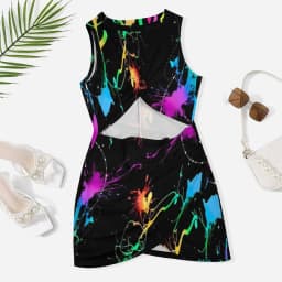 Colorful Neon Pain Mini Dress Sleeveless Splatter Pattern Vintage Dresses Summer Ladies Street Wear Bodycon Dress Big Size 5XL