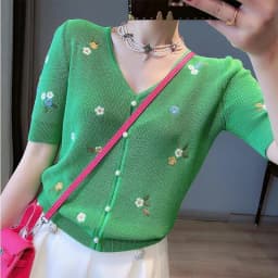 Summer v-neck short ice knit top Women's green bubble sleeve flower embroidery slim slim T-shirt