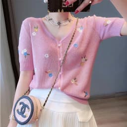 Summer v-neck short ice knit top Women's green bubble sleeve flower embroidery slim slim T-shirt