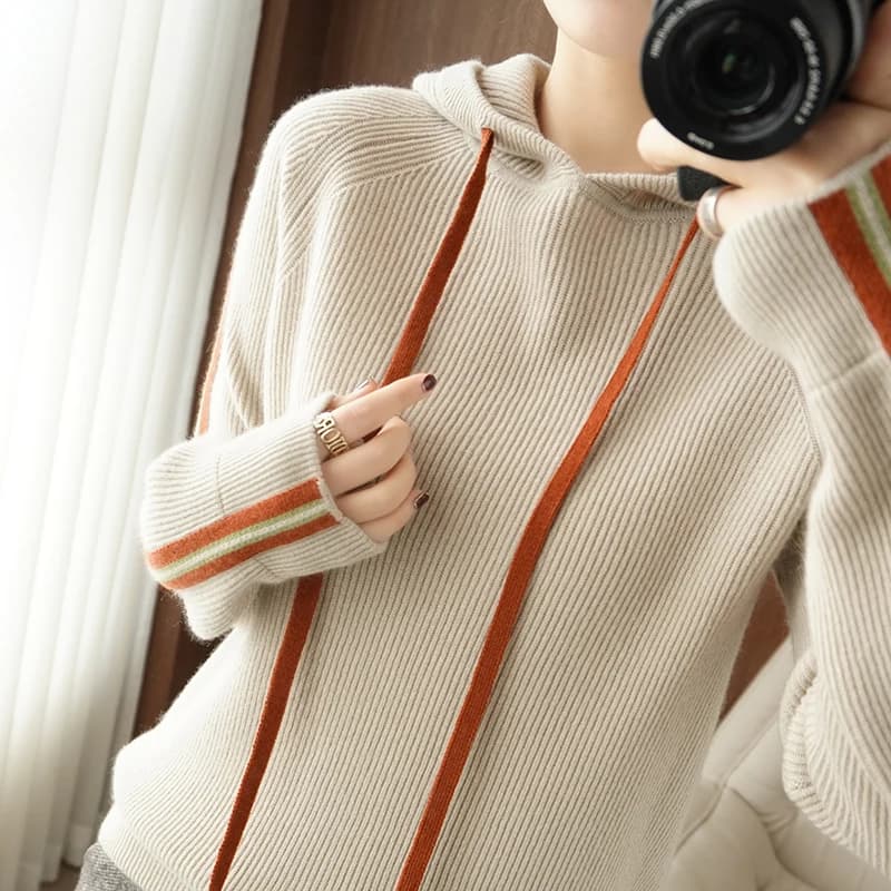 Thickened hooded 100% pure woolen sweater casual Korean hoodie women's autumn and winter new Korean casual knitting sweater