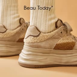 BeauToday Casual Sneakers Women Suede Leather Patchwork Cross Tied  Thick Sole Winter Warm Lady Vulcanize Shoes Handmade 29197