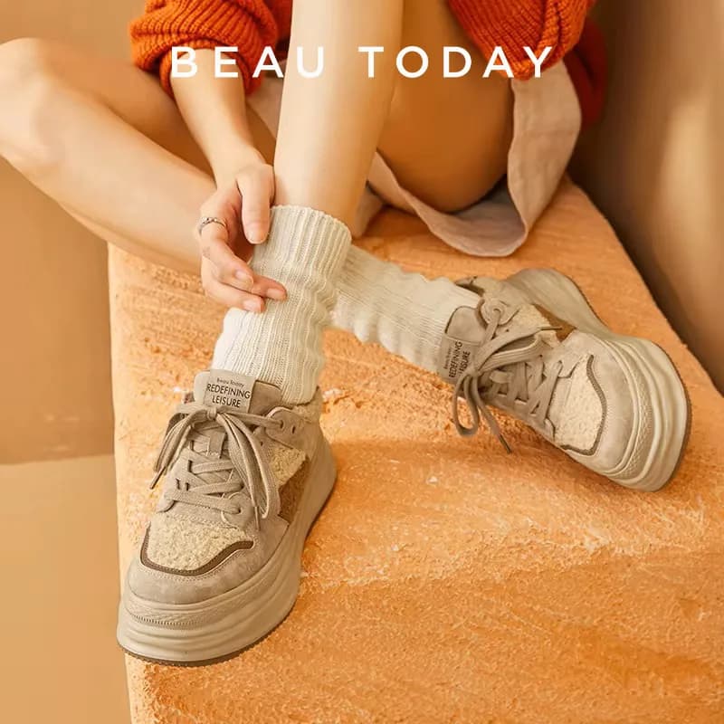 BeauToday Casual Sneakers Women Suede Leather Patchwork Cross Tied  Thick Sole Winter Warm Lady Vulcanize Shoes Handmade 29197