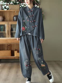 AmaxluluE 2025 Fall Chinese Style Suits Women Denim Floral Two Pieces Sets Loose Fashion Jacket Vintage Elastic High Waist Jeans