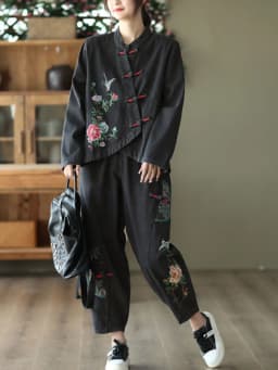 AmaxluluE 2025 Fall Chinese Style Suits Women Denim Floral Two Pieces Sets Loose Fashion Jacket Vintage Elastic High Waist Jeans
