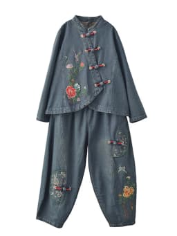 AmaxluluE 2025 Fall Chinese Style Suits Women Denim Floral Two Pieces Sets Loose Fashion Jacket Vintage Elastic High Waist Jeans