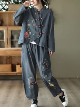 AmaxluluE 2025 Fall Chinese Style Suits Women Denim Floral Two Pieces Sets Loose Fashion Jacket Vintage Elastic High Waist Jeans