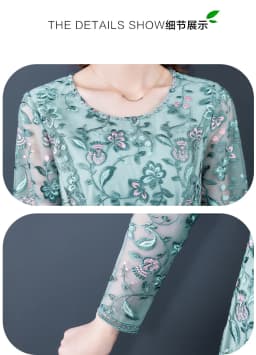 2023 Spring and Summer New Temperament Mesh Long Sleeve Lace Flower Embroidery Dress Round Neck Waist Slim Knee Length Dress