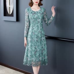 2023 Spring and Summer New Temperament Mesh Long Sleeve Lace Flower Embroidery Dress Round Neck Waist Slim Knee Length Dress
