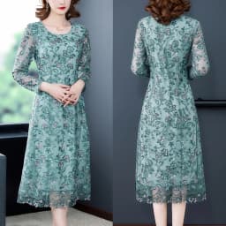 2023 Spring and Summer New Temperament Mesh Long Sleeve Lace Flower Embroidery Dress Round Neck Waist Slim Knee Length Dress