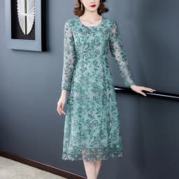 2023 Spring and Summer New Temperament Mesh Long Sleeve Lace Flower Embroidery Dress Round Neck Waist Slim Knee Length Dress