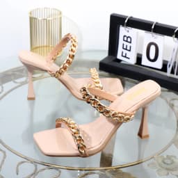 Golden Chain Women's Slippers New in 2026 Square Toe High Heel Outdoor Sandals Elegant Temperament Off White Women's Shoes 9CM