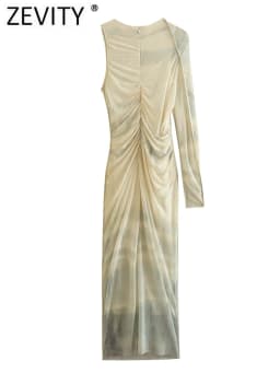 Zevity Women Sexy Single Shoulder Tie Dyed Print Pleated Mesh Yarn Midi Dress Female Chic Back Zipper Slim Party Vestidos DS3507