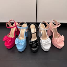 Bright Patent Leather Material, Cute Bow Tie Peep Toe Shoes Super High Thick Heels Hollowed Out Platform Sweet Women's Sandals