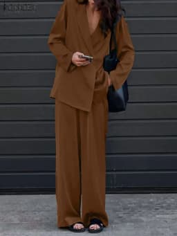 Fashion Women Loose Pants Sets 2023 ZANZEA Long Sleeve Shirts Wide Leg Pants Oversized Office Lady Outfits Tracksuit Streetwears