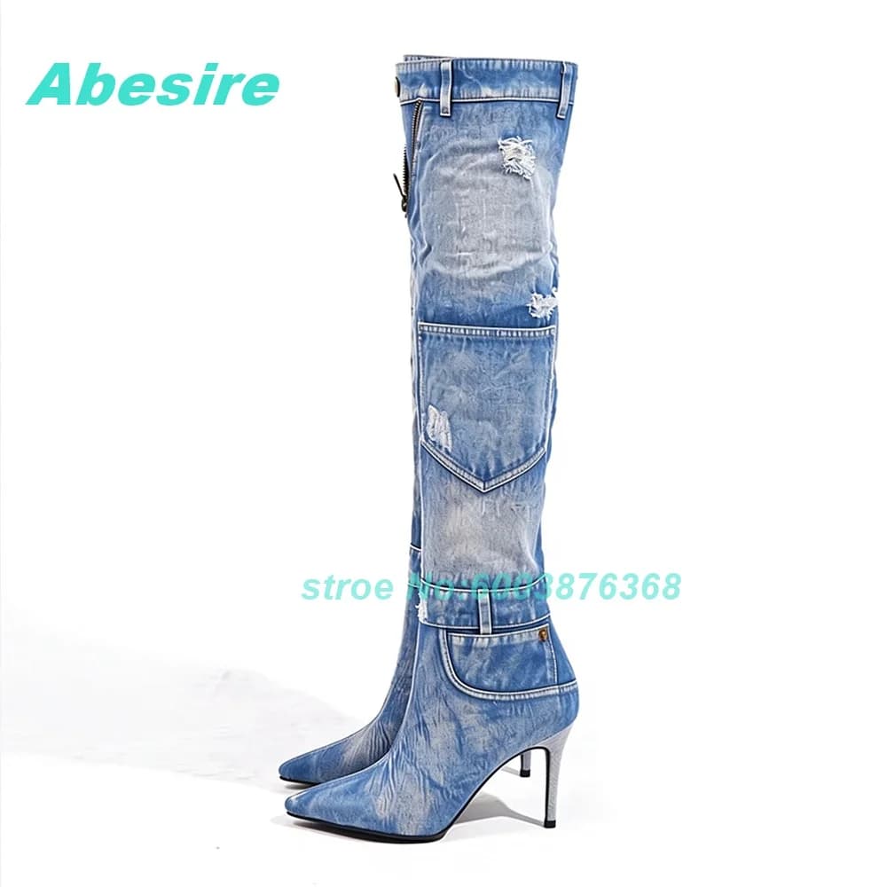 Winter New Warm Denim Knee Length Boots Women Fashion Slim Heels High Heels High Boots Pointed Toe Thin Heels Women's Boots Sexy