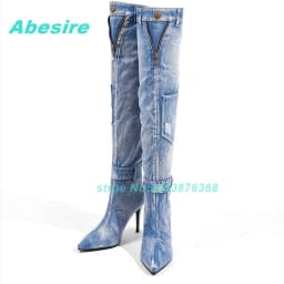 Winter New Warm Denim Knee Length Boots Women Fashion Slim Heels High Heels High Boots Pointed Toe Thin Heels Women's Boots Sexy